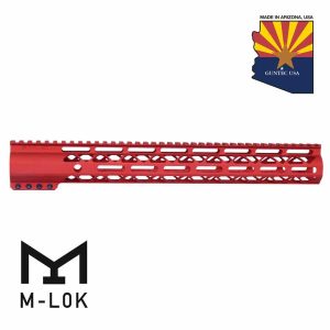 Guntec USA red 15-inch M-LOK free-floating handguard with monolithic top rail.