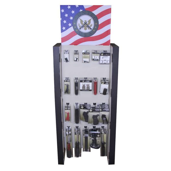 Guntec USA tactical gear display with American flag backdrop at retail stand.