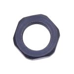 Dark hexagonal lock nut for secure assembly against vibration, corrosion-resistant, with threaded center.
