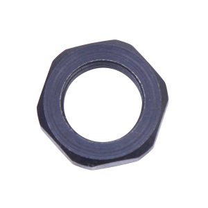 Dark hexagonal lock nut for secure assembly against vibration, corrosion-resistant, with threaded center.