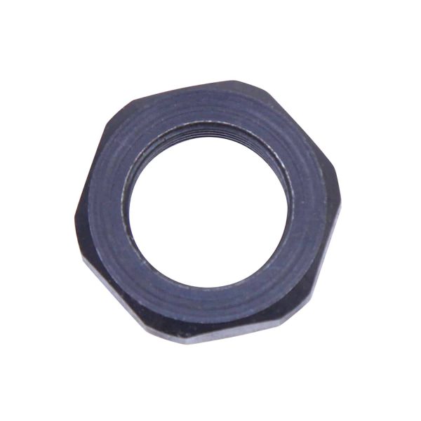 Dark hexagonal lock nut for secure assembly against vibration, corrosion-resistant, with threaded center.