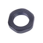 Low-profile black hexagonal nut with central threaded hole for secure, corrosion-resistant fastening.