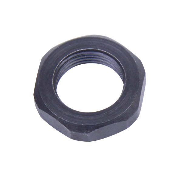 Low-profile black hexagonal nut with central threaded hole for secure, corrosion-resistant fastening.