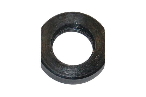 Black hexagonal nut with internal threading and corrosion-resistant matte finish for secure fastening.