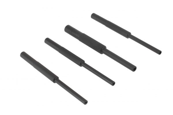 Set of four sleek black AR-15 roll pin starter punches on white background.