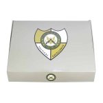 Luxurious pearl-gray cigar humidor with heraldic emblem, high-quality craftsmanship.