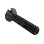Black flat-head machine screw with slotted drive, fine threads, for precision engineering applications.