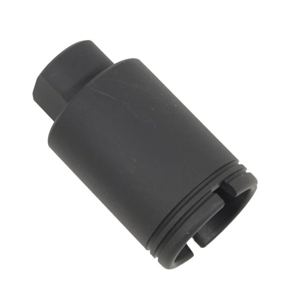 Black cylindrical socket adapter with notched edges for automotive or machinery torque application.