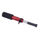Professional red microphone with windscreen and shock-absorbing spring for quality audio capture.