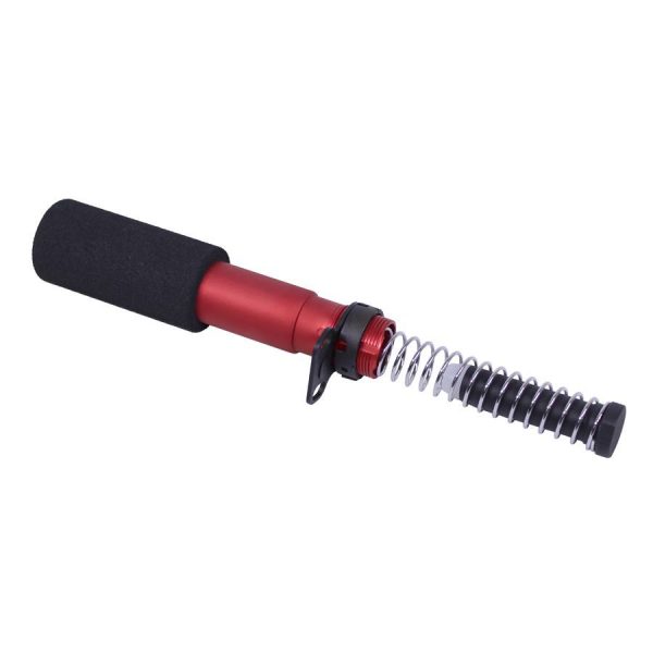 Professional red microphone with windscreen and shock-absorbing spring for quality audio capture.