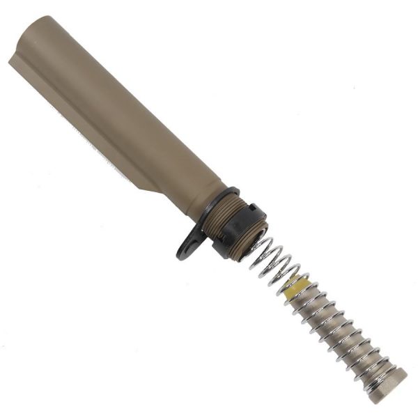 Flat Dark Earth AR-15 buffer tube, spring, and retaining pin assembly for recoil absorption.