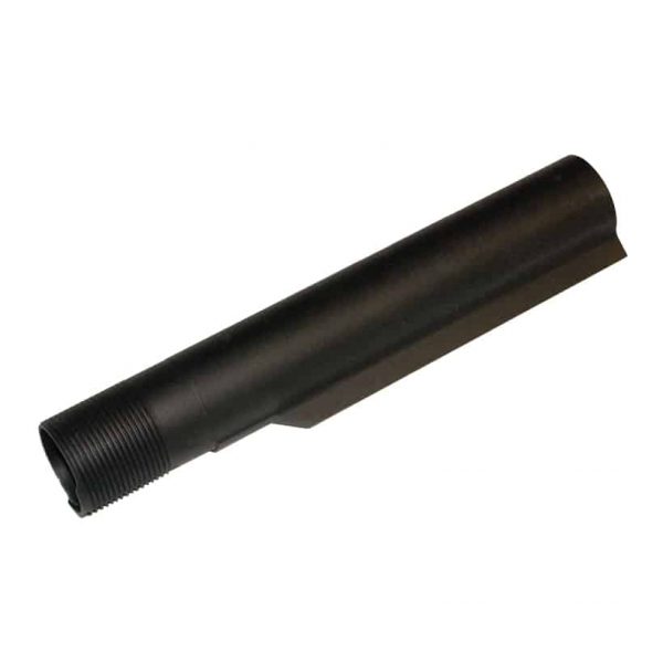Black AR-15 mil-spec carbine buffer tube, smooth cylinder with threading, anodized aluminum.