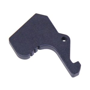 AR-15 Mil-Spec black charging handle latch, L-shaped with groove and hole for precision assembly.