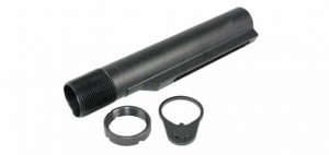 AR-15 buffer tube kit in matte black, includes buffer tube, castle nut, and end plate.