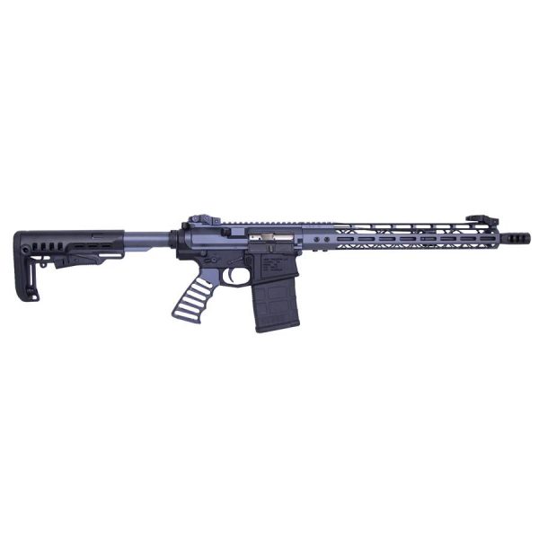 AR-10 rifle with multi-caliber collapsible stock and M-LOK handguard.