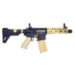 AR-15 pistol in anodized gold with tactical upgrades and accessories.