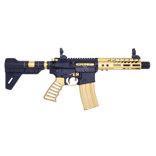 AR-15 pistol in anodized gold with tactical upgrades and accessories.