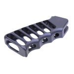 Modern muzzle brake with oval ports, machined metal, matte finish, designed for recoil reduction.