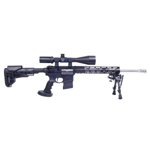Modern tactical rifle with long-range scope, bipod, and adjustable stock for precision shooting.