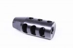 AR-15 stainless steel muzzle brake with multi-port design for reduced recoil and enhanced control.