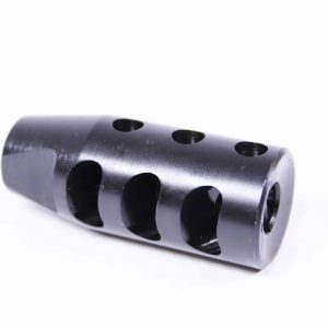 AR-15 stainless steel muzzle brake with multi-port design for reduced recoil and enhanced control.