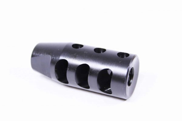 AR-15 stainless steel muzzle brake with multi-port design for reduced recoil and enhanced control.