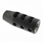 Black steel muzzle brake with multi-port design for AR-15, reduces recoil and muzzle climb.