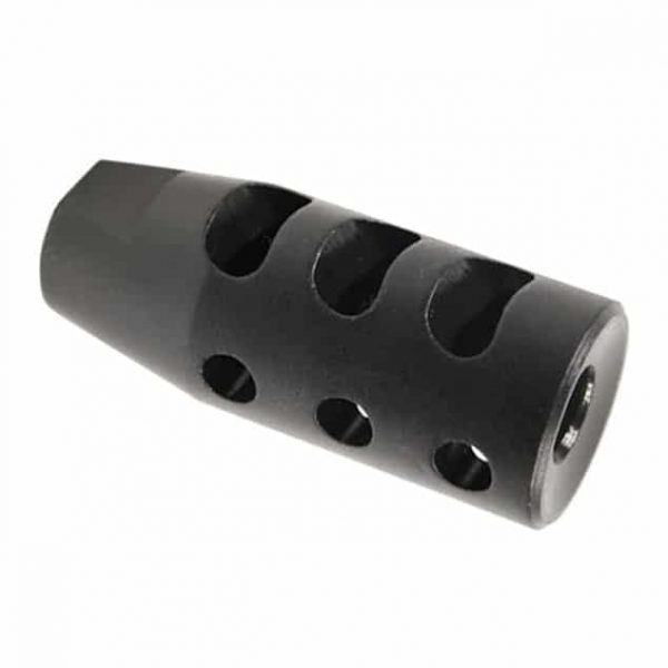 Black steel muzzle brake with multi-port design for AR-15, reduces recoil and muzzle climb.