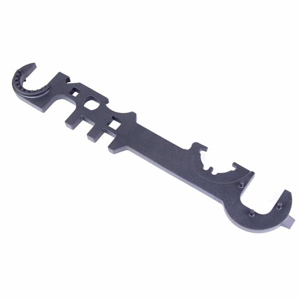 Multi-function metal wrench for AR-15 and AR.308 maintenance, portable with varied tool cutouts.