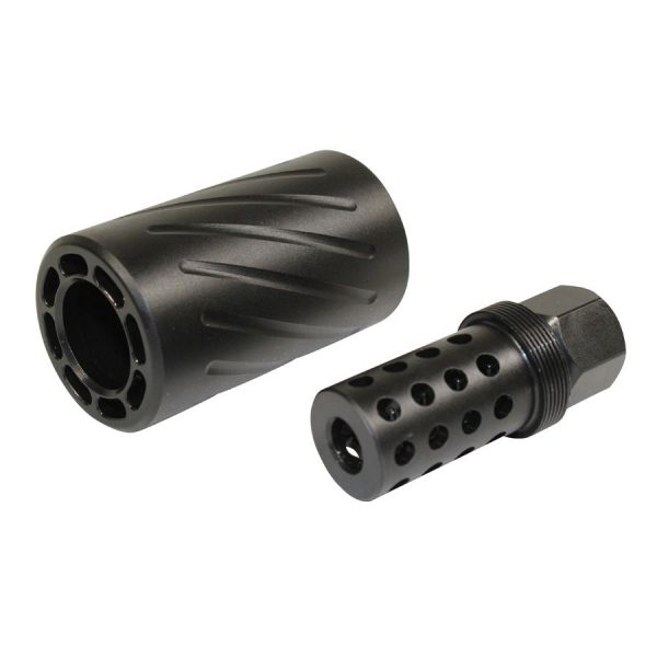 Two black firearm muzzle devices on white background: a flash suppressor and a recoil-reducing brake.
