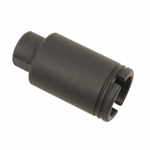 Matte black AR-15 muzzle device, micro slim flash can for 9mm, tactical design.