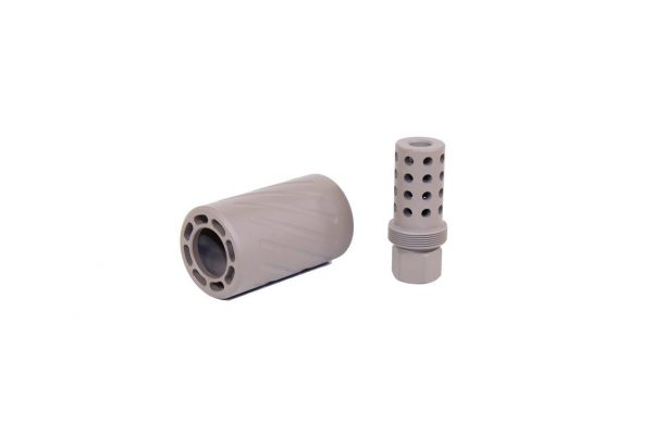 Precision-machined AR-15 muzzle devices for recoil management with barrel extension and compensator.