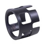 Cylindrical black muzzle device for firearms with slots, reduces flash, recoil; threaded for barrel.