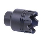 Matte black muzzle device for firearms with hexagonal base and pronged flash-reducing design.