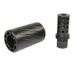 Black firearm muzzle devices with spiral design and ports, showcasing precision engineering and functionality.