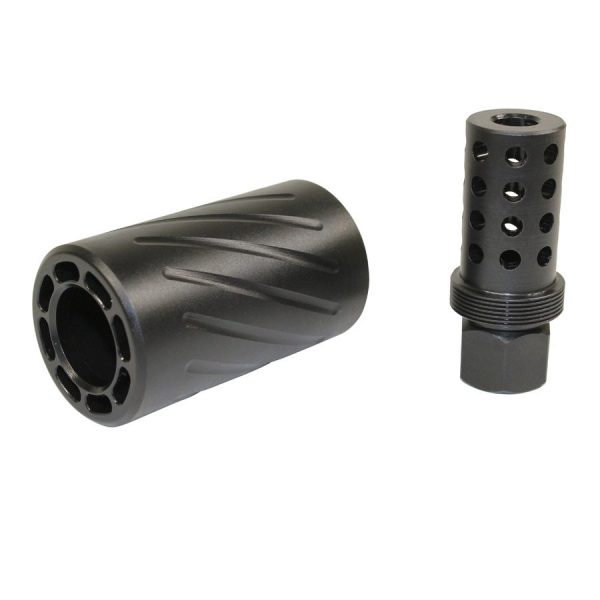Black firearm muzzle devices with spiral design and ports, showcasing precision engineering and functionality.