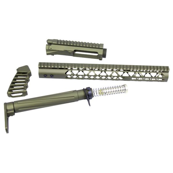 OD Green AR-15 parts set with handguard, upper receiver, and buffer tube for customization.