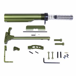 AR-15 Essentials Kit parts in anodized green on white background.