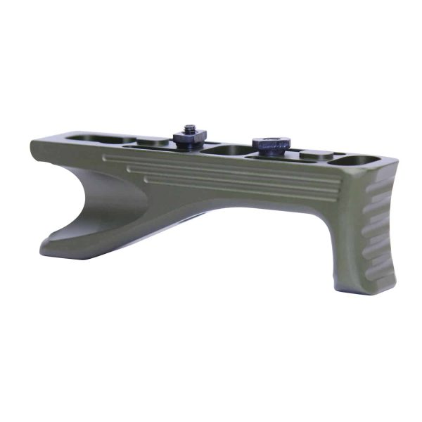 Olive green angled grip for M-LOK system, Gen 2, with ergonomic design and matte finish.