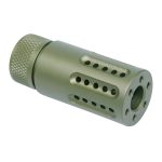 AR-15 9mm olive green muzzle brake with multi-port design for reduced recoil.