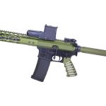 Modern olive-green tactical rifle with black components and modular design for versatile use.