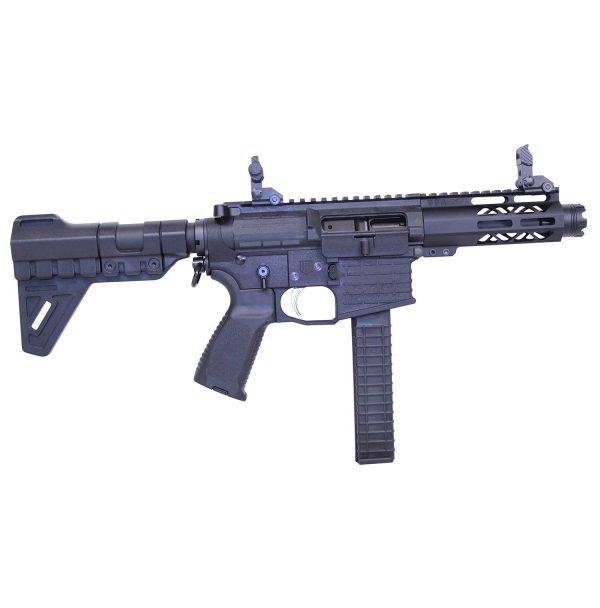 Modern 9mm tactical carbine: compact design, adjustable stock, matte black, for close-quarters applications.