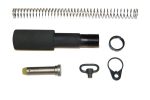 Disassembled AR-15 buffer tube kit with spring, buffer tube, retainer pin, and mounting components.