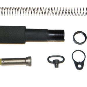 Disassembled AR-15 buffer tube kit with spring, buffer tube, retainer pin, and mounting components.