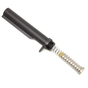 Semi-auto pistol recoil spring assembly with black guide rod and silver coil spring.