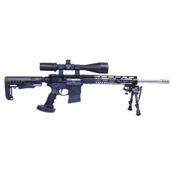 Modern AR 9mm rifle with MCS stock, high-powered scope, and bipod for precision shooting.