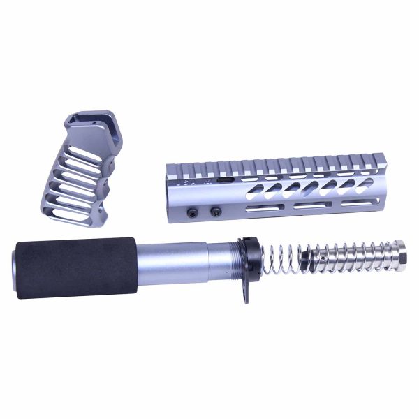 AR-15 pistol furniture set in anodized grey with precision-engineered components.