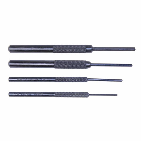 Precision pin punch set for gunsmithing, jewelry making; metallic tools with knurled grips.