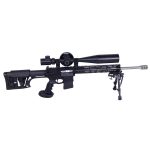 Precision AR-10 rifle with adjustable sniper grip and high-magnification scope for competitive shooting.
