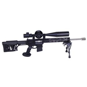Precision AR-10 rifle with adjustable sniper grip and high-magnification scope for competitive shooting.